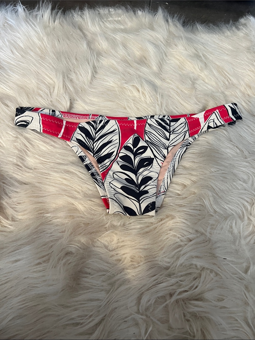 Mora Red, Black and White Leaf Print Brazilian Bikini Bottom